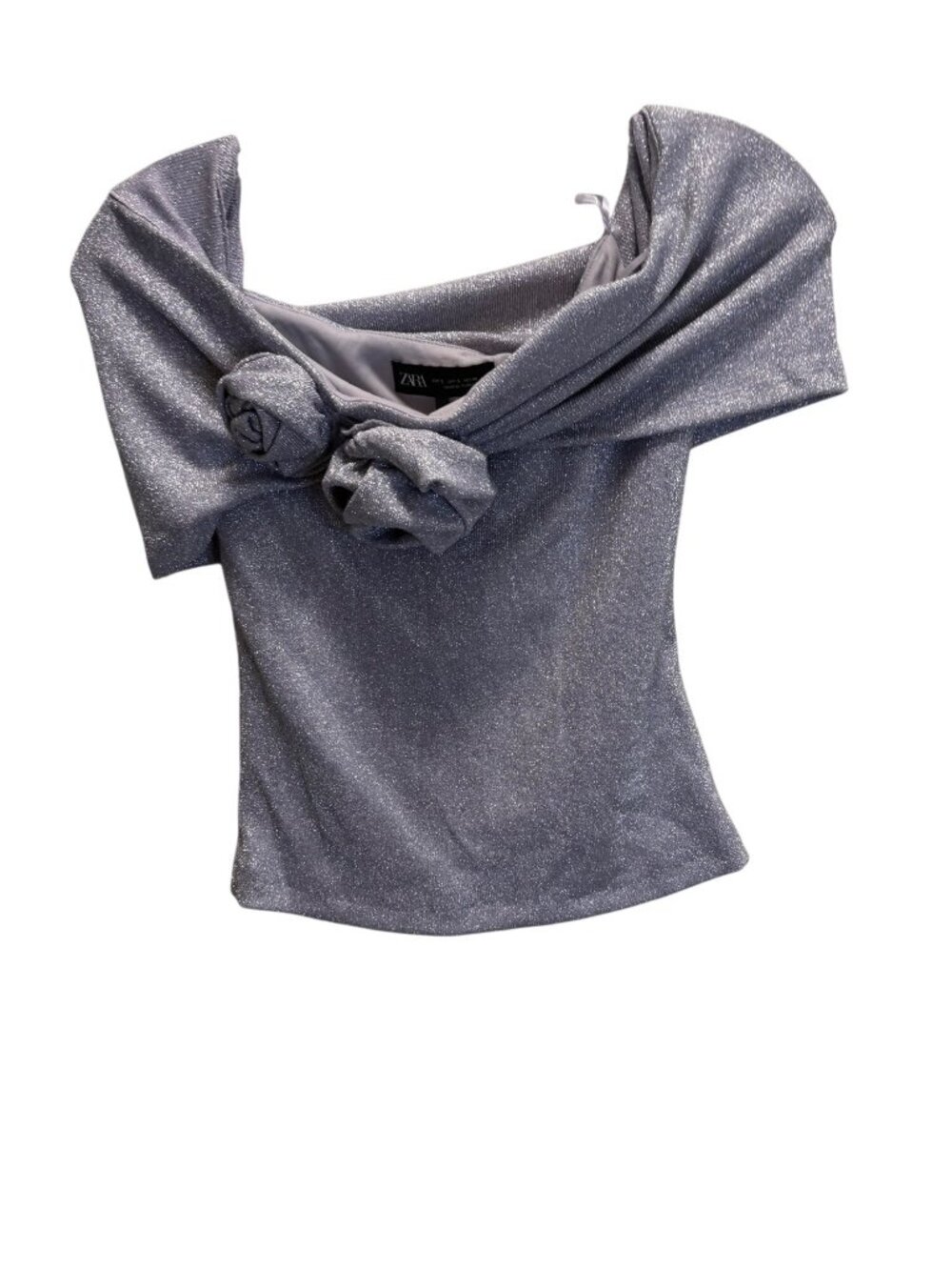 NWT Zara Silver Metallic Off-Shoulder Top With Floral Detail Size Small Elegant